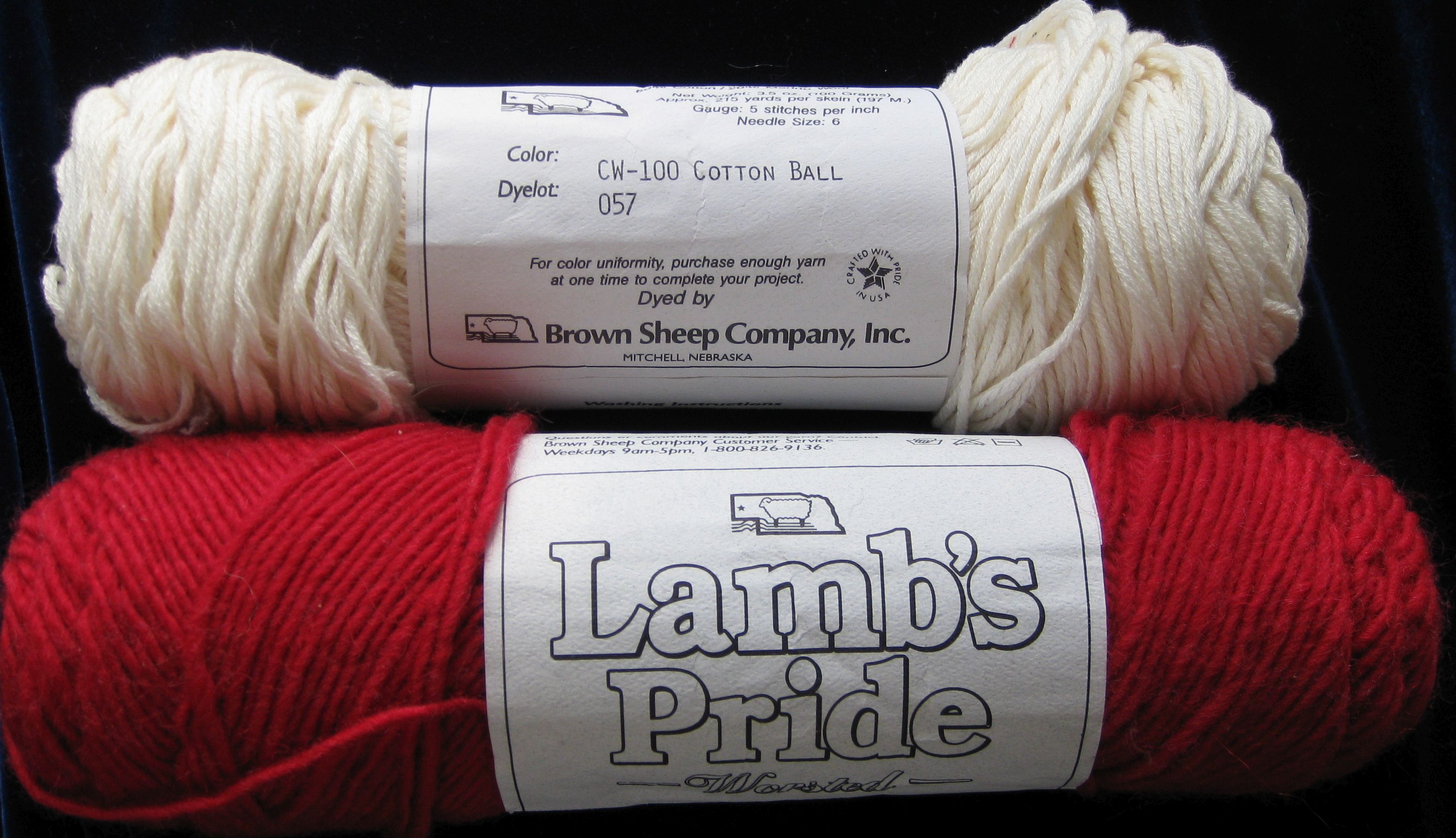  BROWN SHEEP YARN 1 RED LAMBS PRIDE & 1 WHITE COTTON FLEECE PERFECT